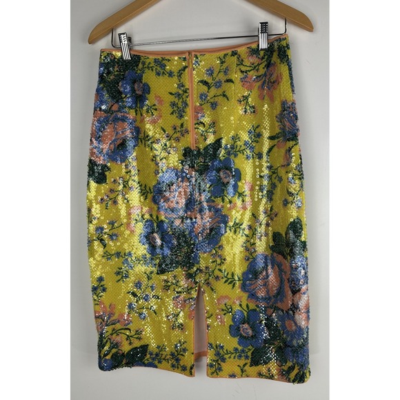 Diane Von Furstenberg Sequin Pencil Skirt Yellow Floral Embellished Size 8 DVF - Picture 7 of 11